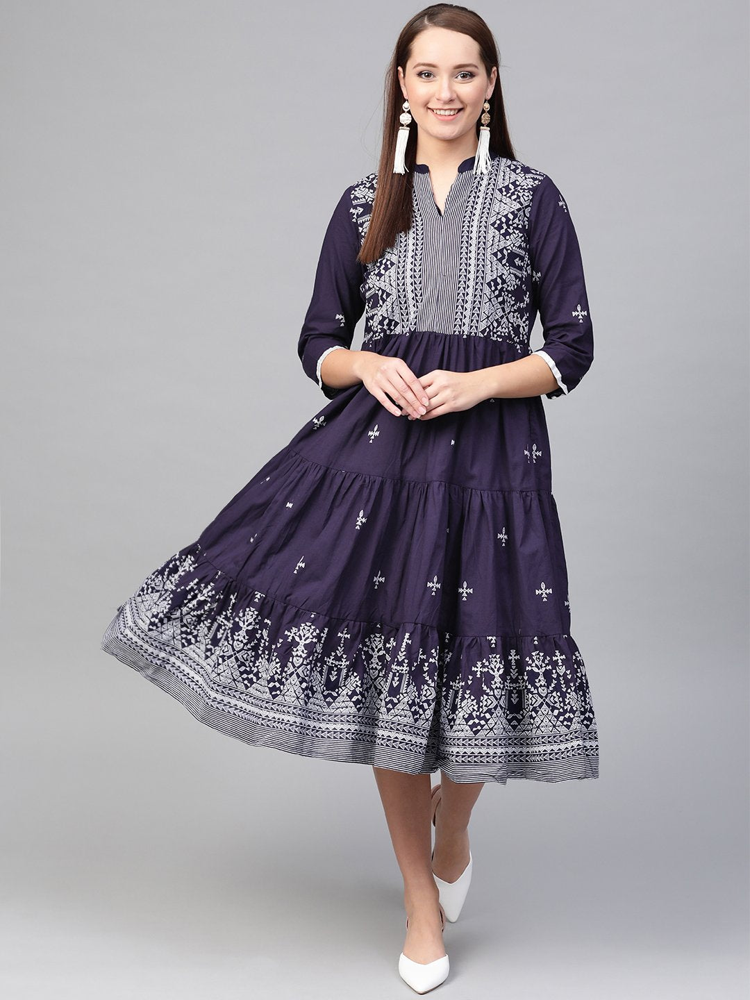 Women's Nayo Navy Blue & White Tribal Printed Fit And Flare Dress