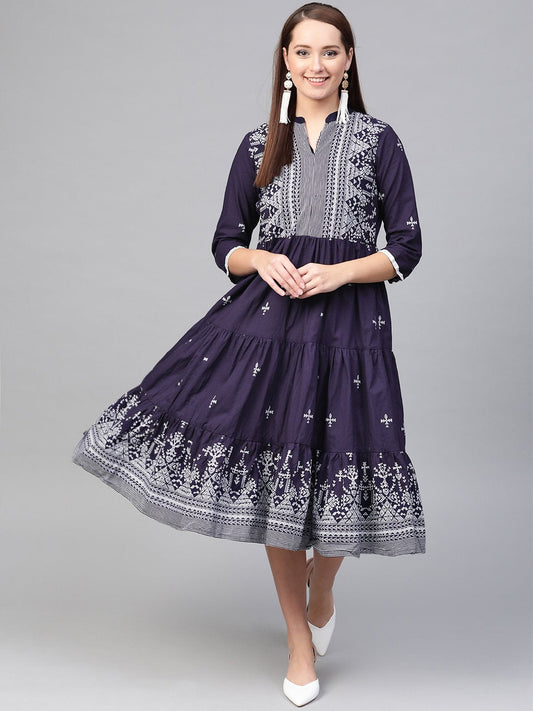 Women's Nayo Navy Blue & White Tribal Printed Fit And Flare Dress