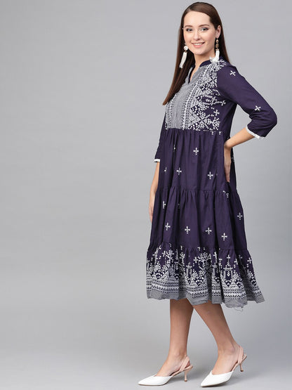 Women's Nayo Navy Blue & White Tribal Printed Fit And Flare Dress