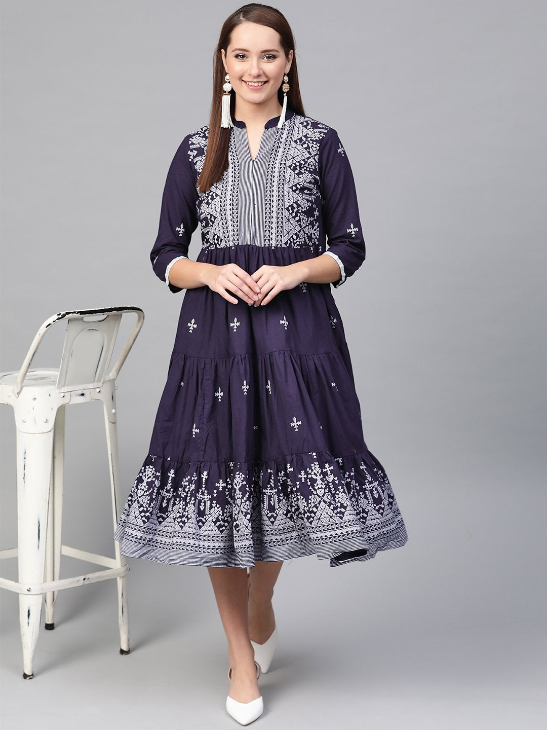 Women's Nayo Navy Blue & White Tribal Printed Fit And Flare Dress