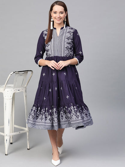 Women's Nayo Navy Blue & White Tribal Printed Fit And Flare Dress