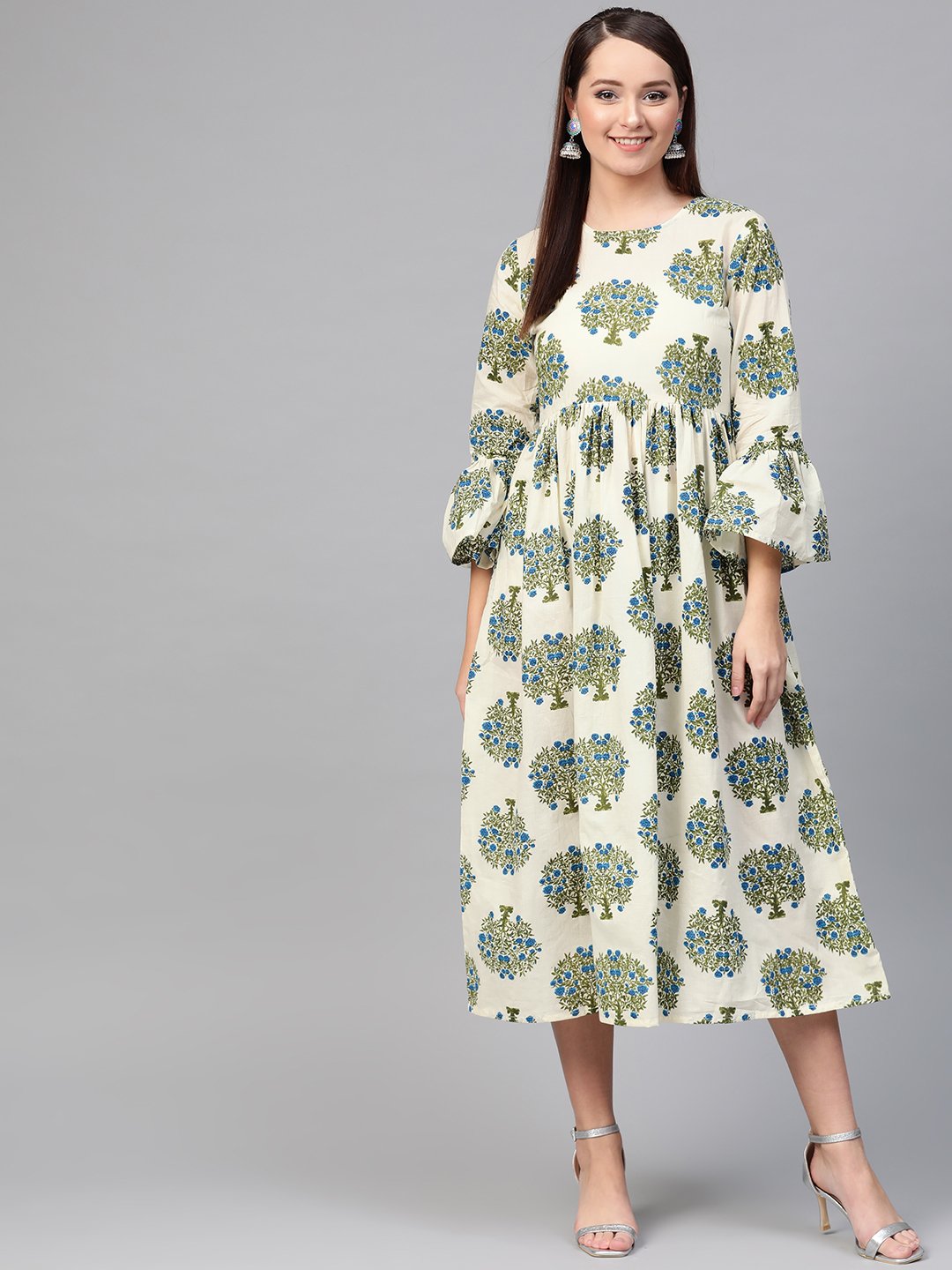 Women's Nayo White & Blue A-Line Bell Sleeve Maxi Dress