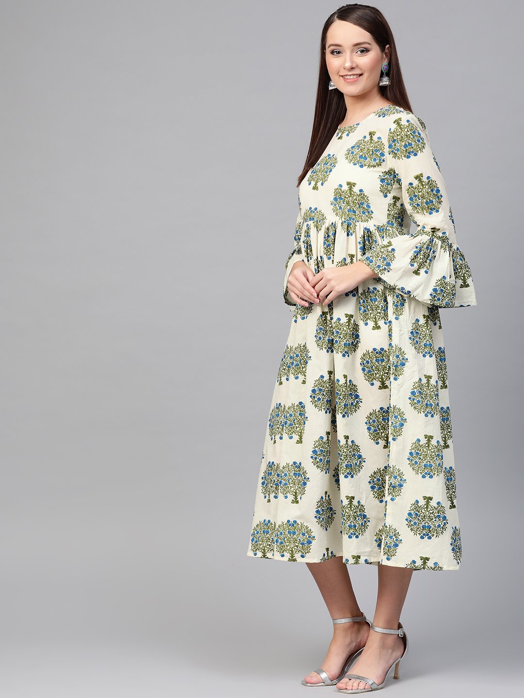 Women's Nayo White & Blue A-Line Bell Sleeve Maxi Dress