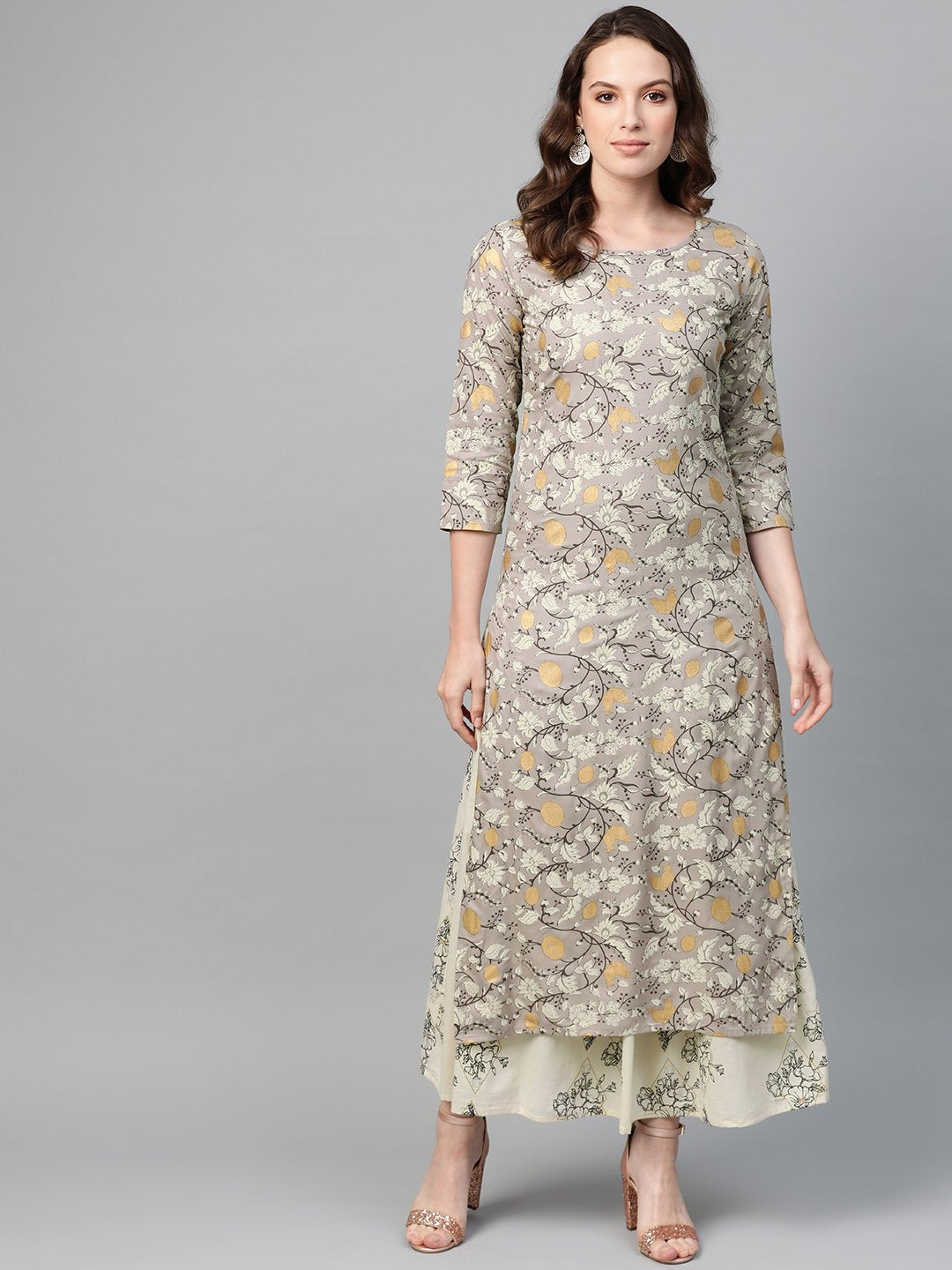 Women's Nayo Grey & Cream Straight Floral Printed Kurta And Skirt Set