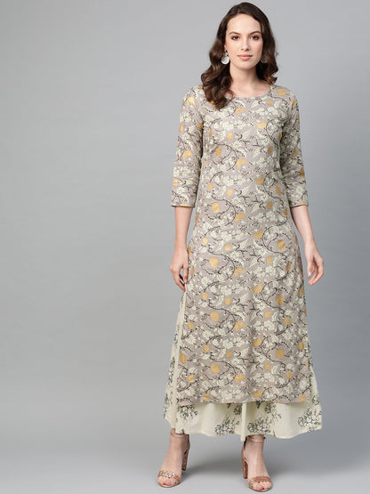 Women's Nayo Grey & Cream Straight Floral Printed Kurta And Skirt Set