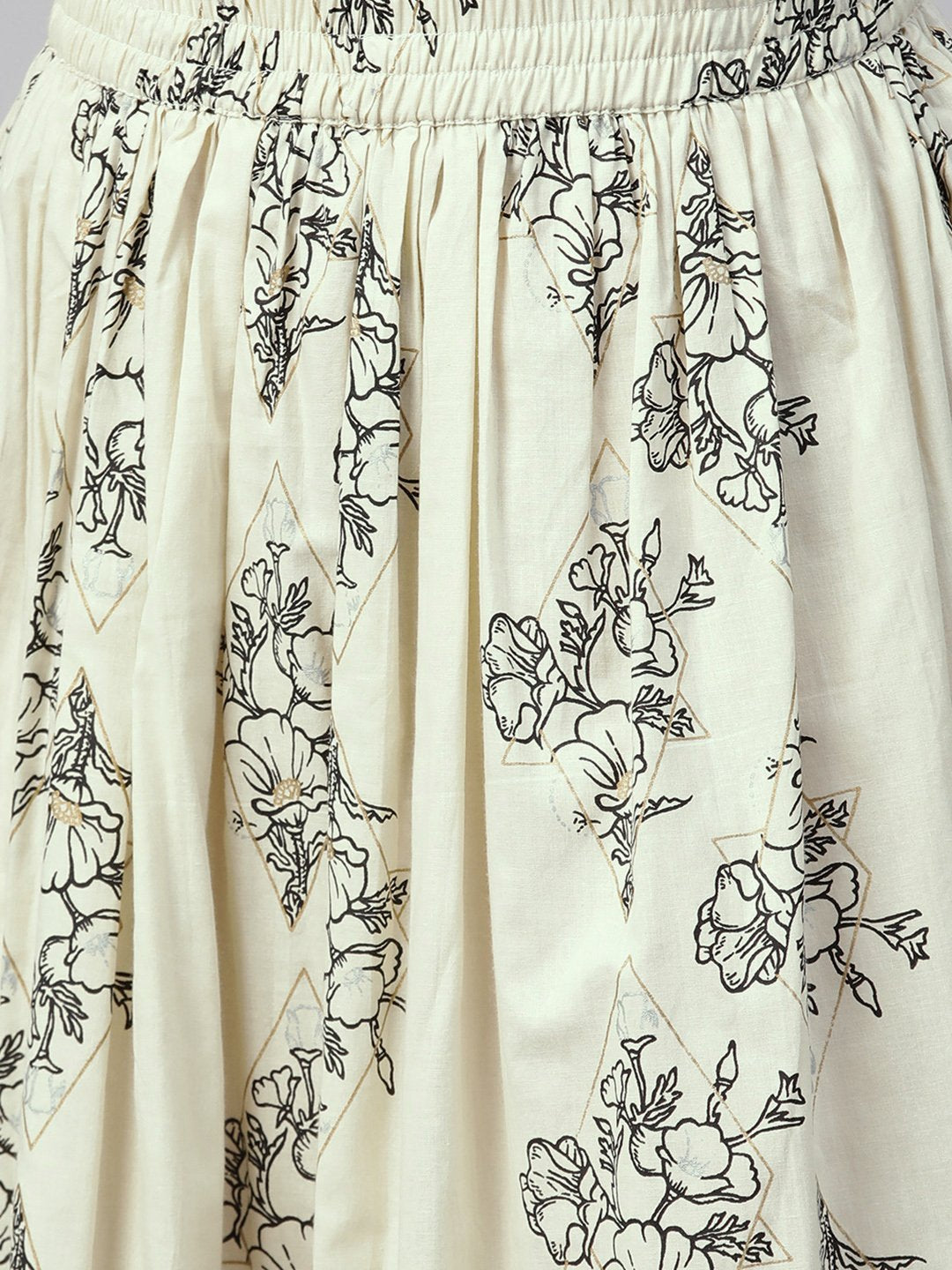 Women's Nayo Grey & Cream Straight Floral Printed Kurta And Skirt Set