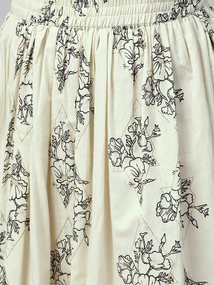 Women's Nayo Grey & Cream Straight Floral Printed Kurta And Skirt Set