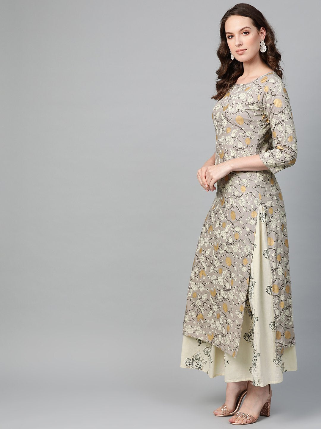 Women's Nayo Grey & Cream Straight Floral Printed Kurta And Skirt Set