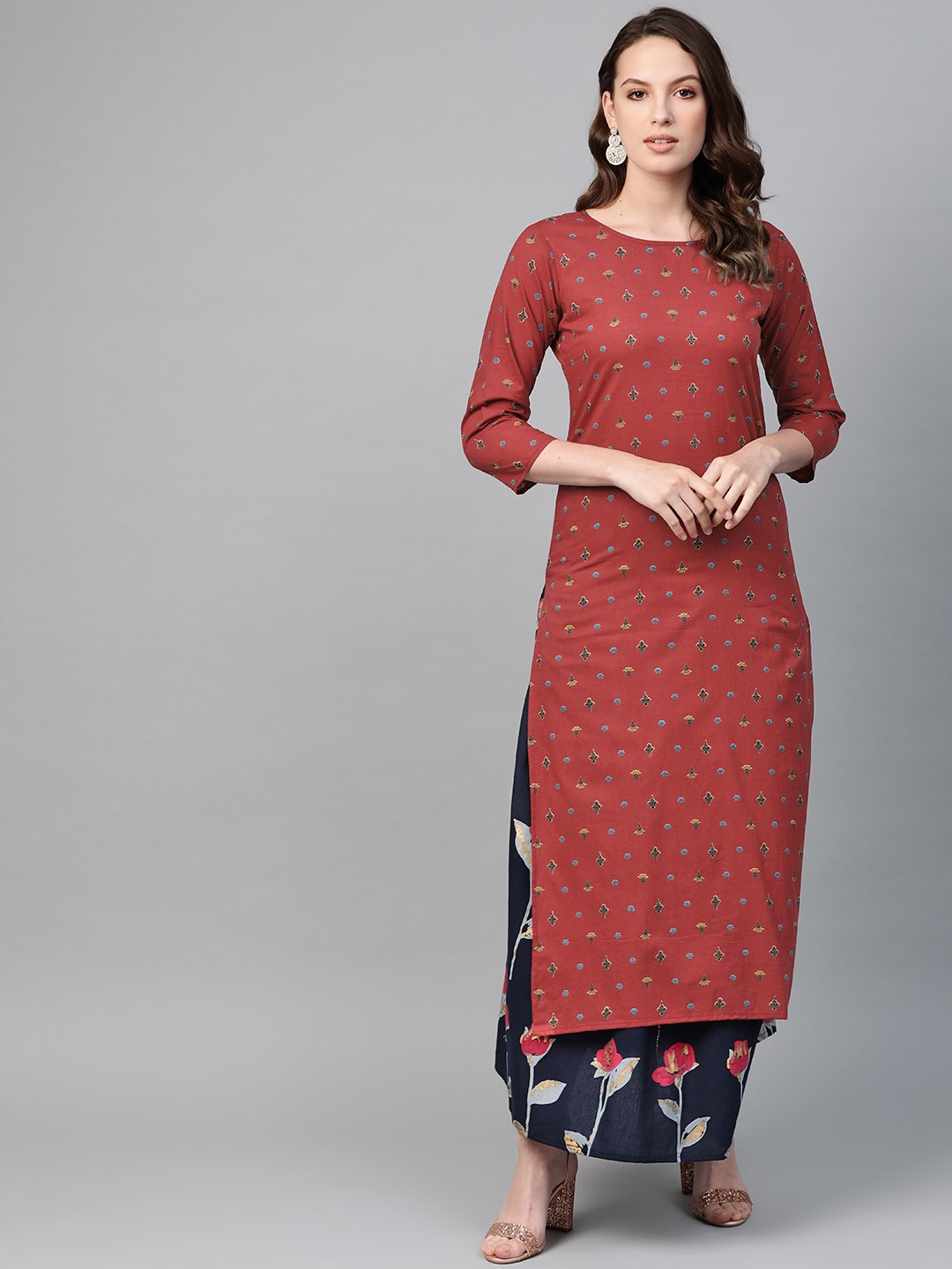 Women's Nayo Maroon & Navy Blue Straight Floral Printed Kurta And Skirt Set