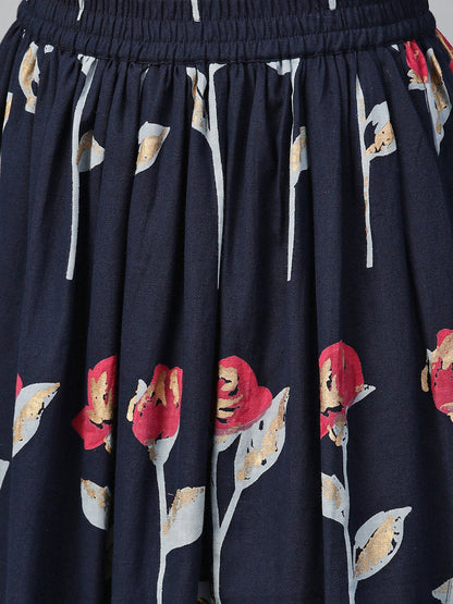 Women's Nayo Maroon & Navy Blue Straight Floral Printed Kurta And Skirt Set