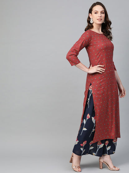 Women's Nayo Maroon & Navy Blue Straight Floral Printed Kurta And Skirt Set