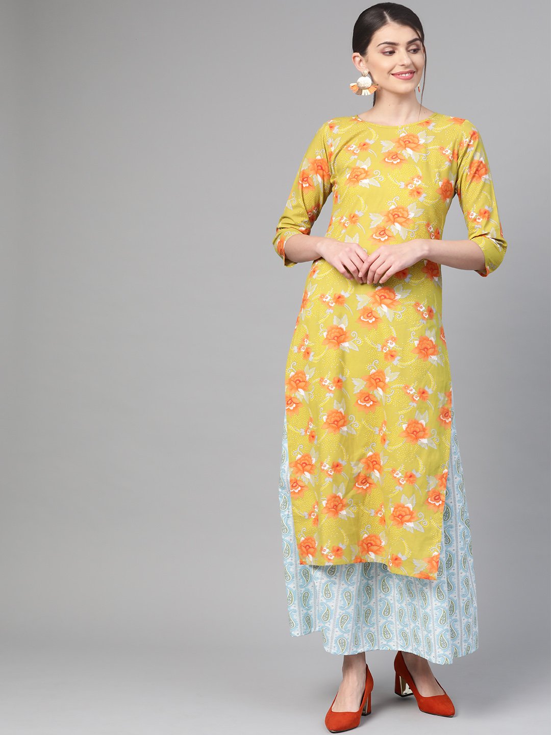 Women's Nayo Green & Orange Straight Floral Printed Kurta And Skirt Set