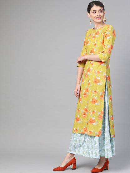 Women's Nayo Green & Orange Straight Floral Printed Kurta And Skirt Set
