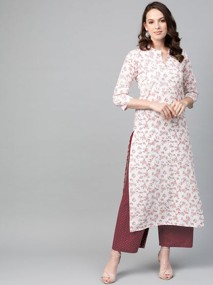 Women's Nayo Off White & Red Straight Floral Printed Kurta And Palazzos Set