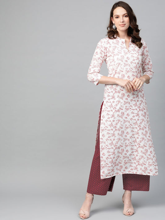 Women's Nayo Off White & Red Straight Floral Printed Kurta And Palazzos Set