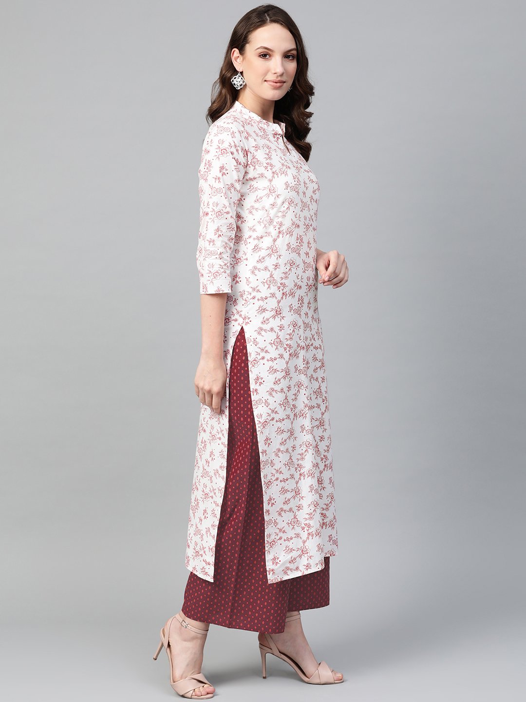 Women's Nayo Off White & Red Straight Floral Printed Kurta And Palazzos Set