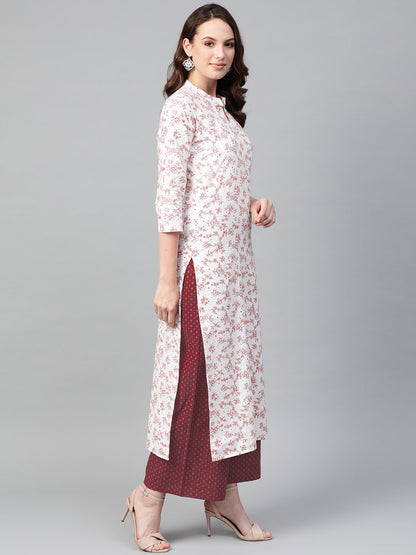 Women's Nayo Off White & Red Straight Floral Printed Kurta And Palazzos Set