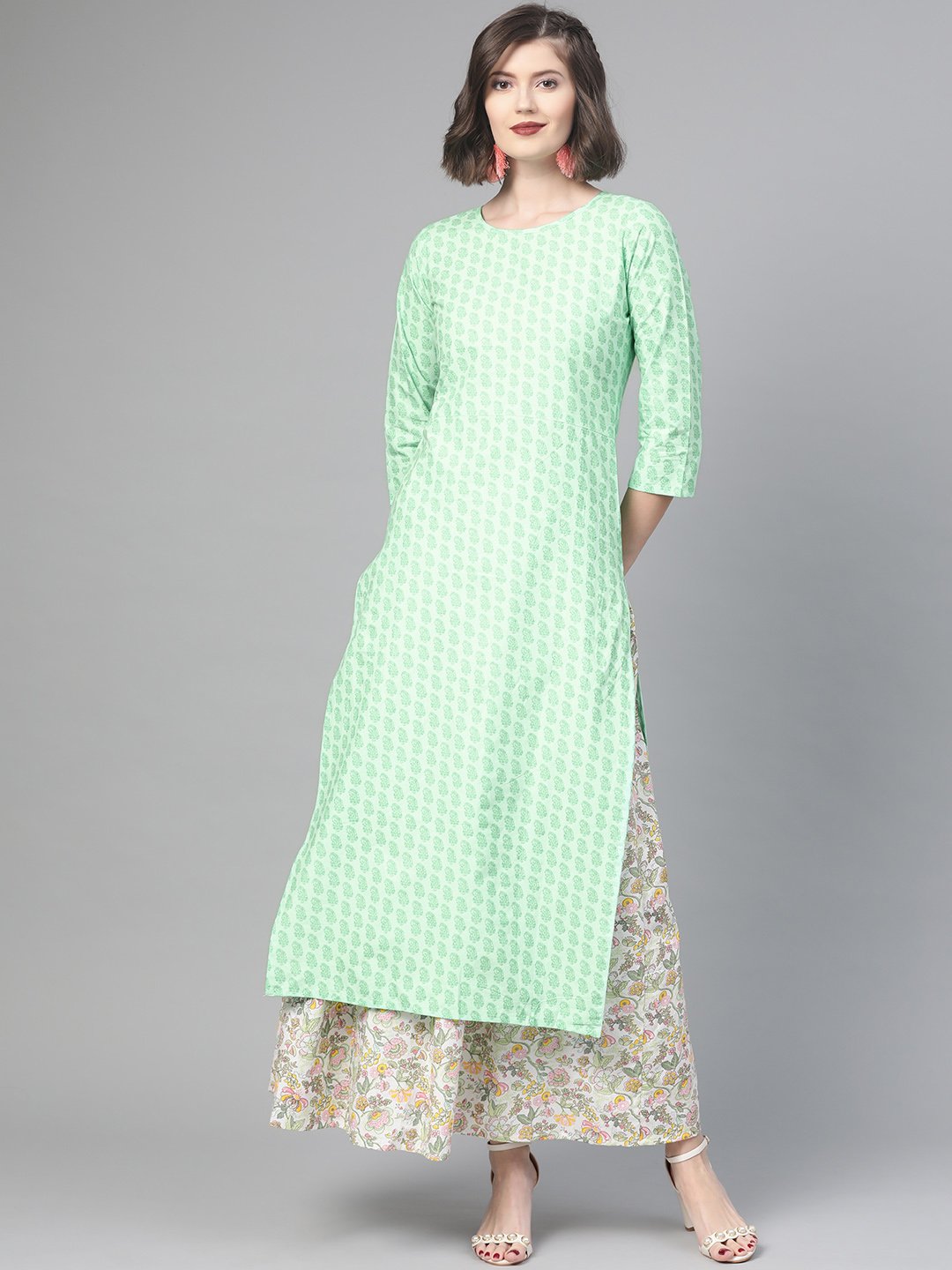 Women's Nayo Green & Pink Straight Ethnic Motifs Printed Kurta And Skirt Set