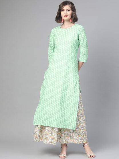 Women's Nayo Green & Pink Straight Ethnic Motifs Printed Kurta And Skirt Set