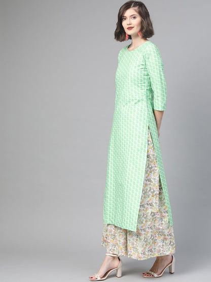 Women's Nayo Green & Pink Straight Ethnic Motifs Printed Kurta And Skirt Set