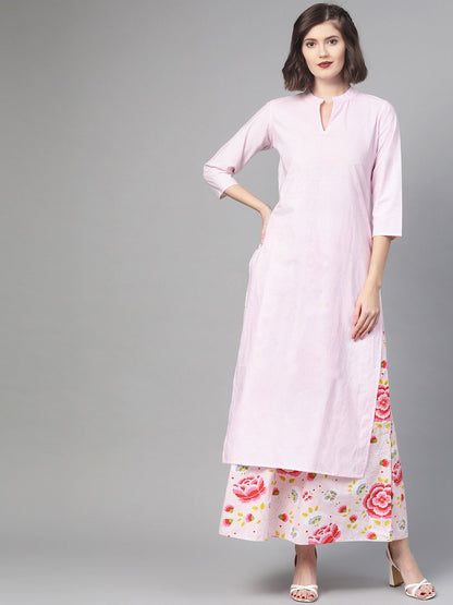 Women's Nayo Pink & Red Straight Checked Printed Kurta And Skirt Set
