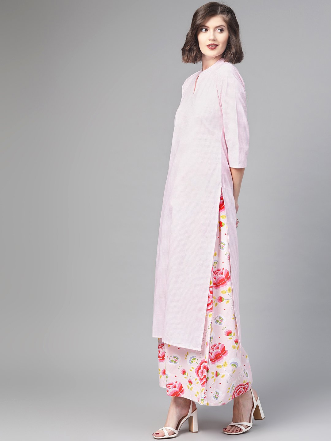 Women's Nayo Pink & Red Straight Checked Printed Kurta And Skirt Set