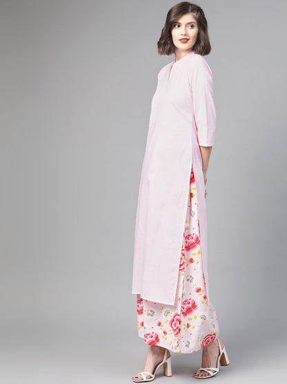 Women's Nayo Pink & Red Straight Checked Printed Kurta And Skirt Set