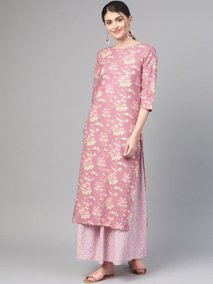 Women's Nayo Pink & Green Straight Floral Printed Kurta And Skirt Set