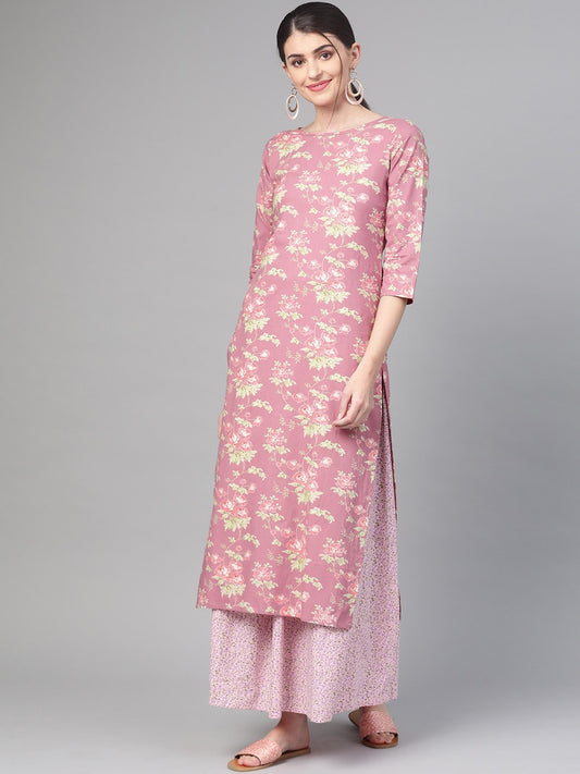 Women's Nayo Pink & Green Straight Floral Printed Kurta And Skirt Set