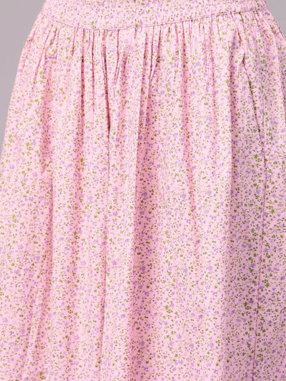 Women's Nayo Pink & Green Straight Floral Printed Kurta And Skirt Set