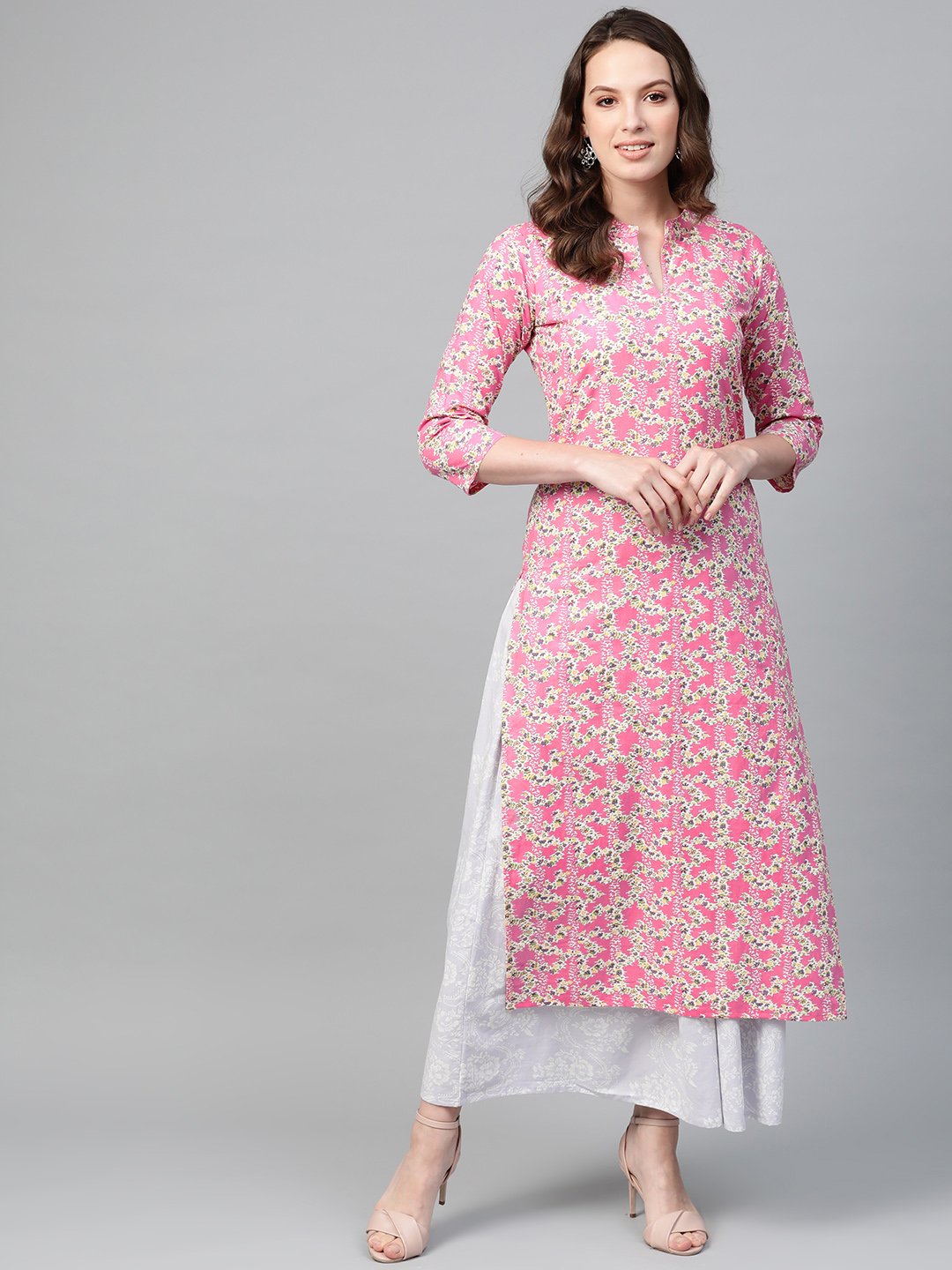 Women's Nayo Pink & Off White Straight Floral Printed Kurta And Skirt Set