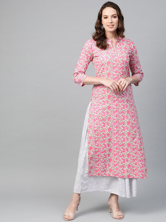 Women's Nayo Pink & Off White Straight Floral Printed Kurta And Skirt Set
