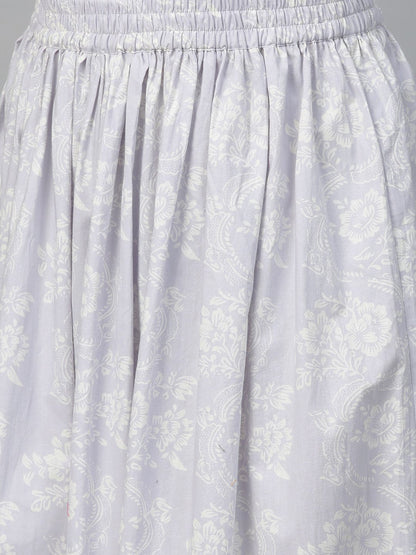 Women's Nayo Pink & Off White Straight Floral Printed Kurta And Skirt Set