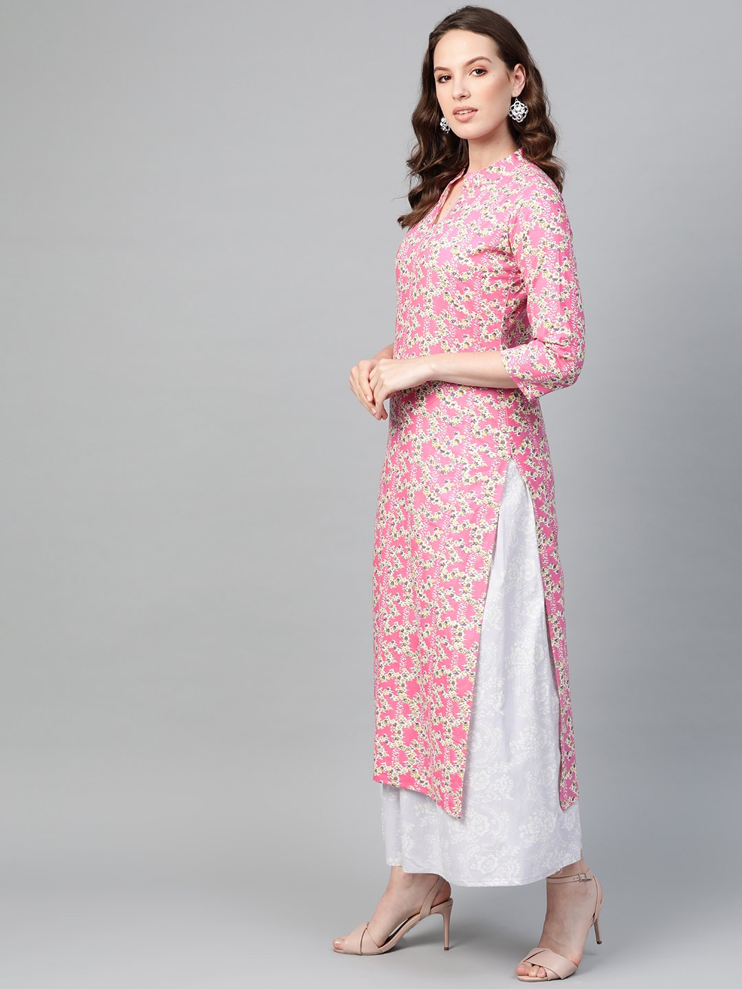 Women's Nayo Pink & Off White Straight Floral Printed Kurta And Skirt Set