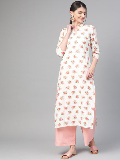 Women's Off White & Peach Straight Floral Printed Kurta And Palazzos Set