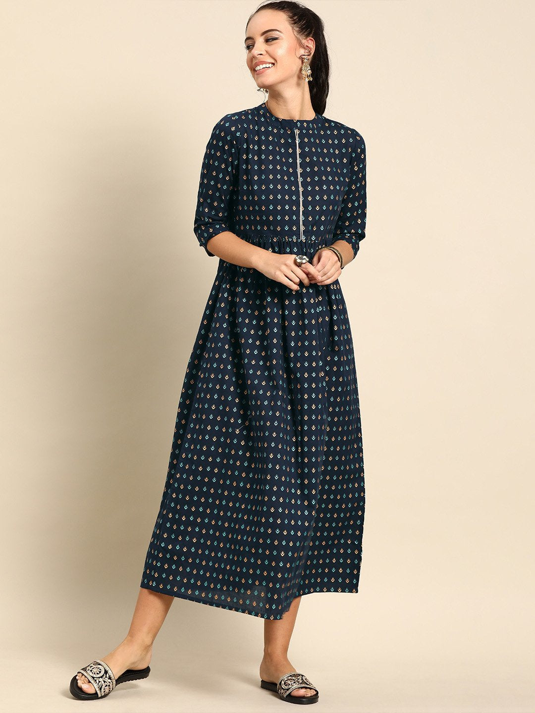 Women's Nayo Navy Blue Ethnic Motifs Printed Mandarin Collar A-Line Dress