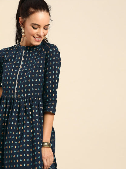 Women's Nayo Navy Blue Ethnic Motifs Printed Mandarin Collar A-Line Dress