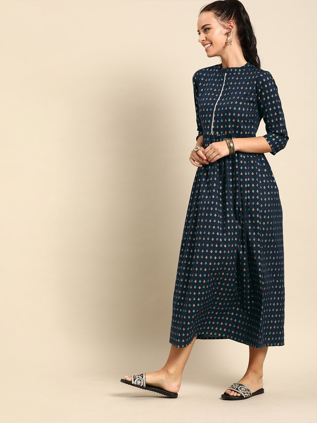 Women's Nayo Navy Blue Ethnic Motifs Printed Mandarin Collar A-Line Dress