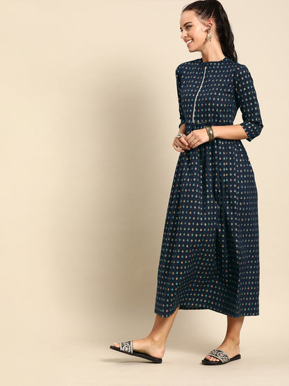 Women's Nayo Navy Blue Ethnic Motifs Printed Mandarin Collar A-Line Dress