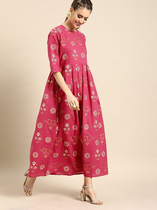 Women's Nayo Magenta Floral Printed Round Neck A-Line Dress