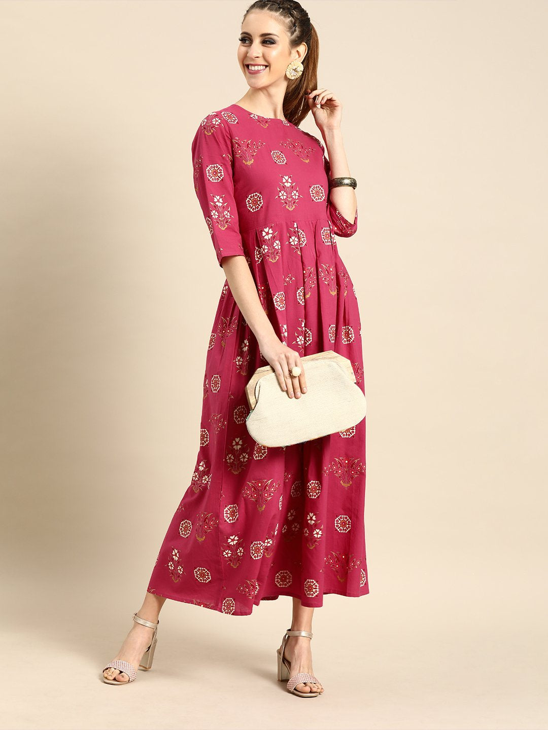 Women's Nayo Magenta Floral Printed Round Neck A-Line Dress