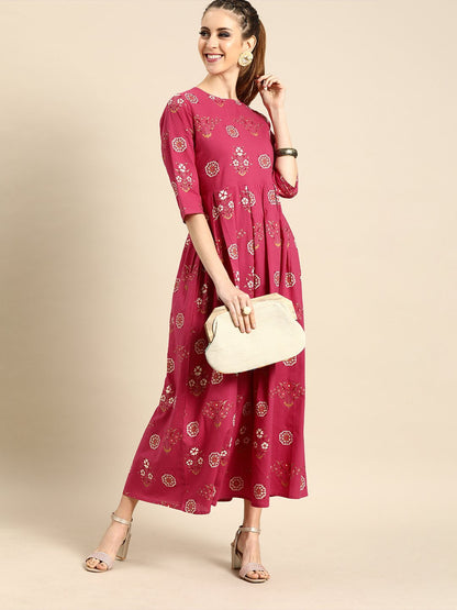 Women's Nayo Magenta Floral Printed Round Neck A-Line Dress
