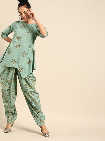 Women's Nayo Blue Three-Quarter Sleeves Asymmetric Peplum Kurta With Dhoti Pants