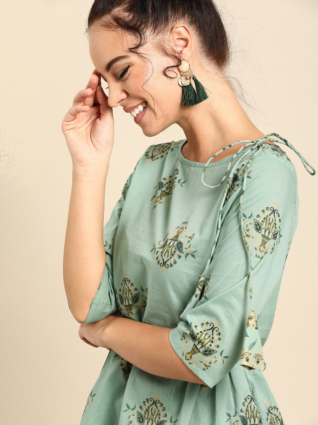 Women's Nayo Blue Three-Quarter Sleeves Asymmetric Peplum Kurta With Dhoti Pants