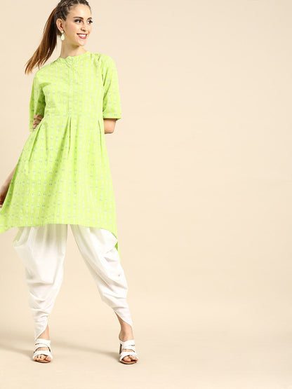 Women's Nayo Lime Green Three-Quarter Sleeves Asymmetric Kurta With Dhoti Pants