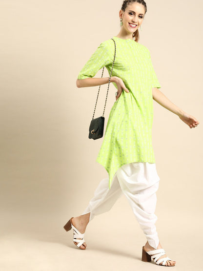 Women's Nayo Lime Green Three-Quarter Sleeves Asymmetric Kurta With Dhoti Pants