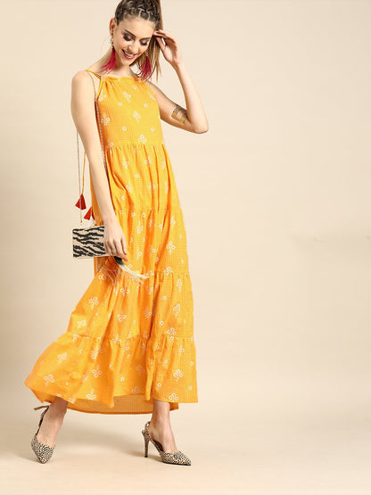 Women's Nayo Yellow Floral Printed Shoulder Straps Fit And Flare Dress