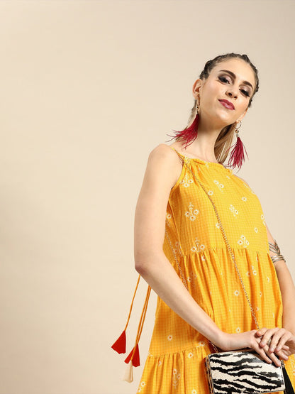 Women's Nayo Yellow Floral Printed Shoulder Straps Fit And Flare Dress