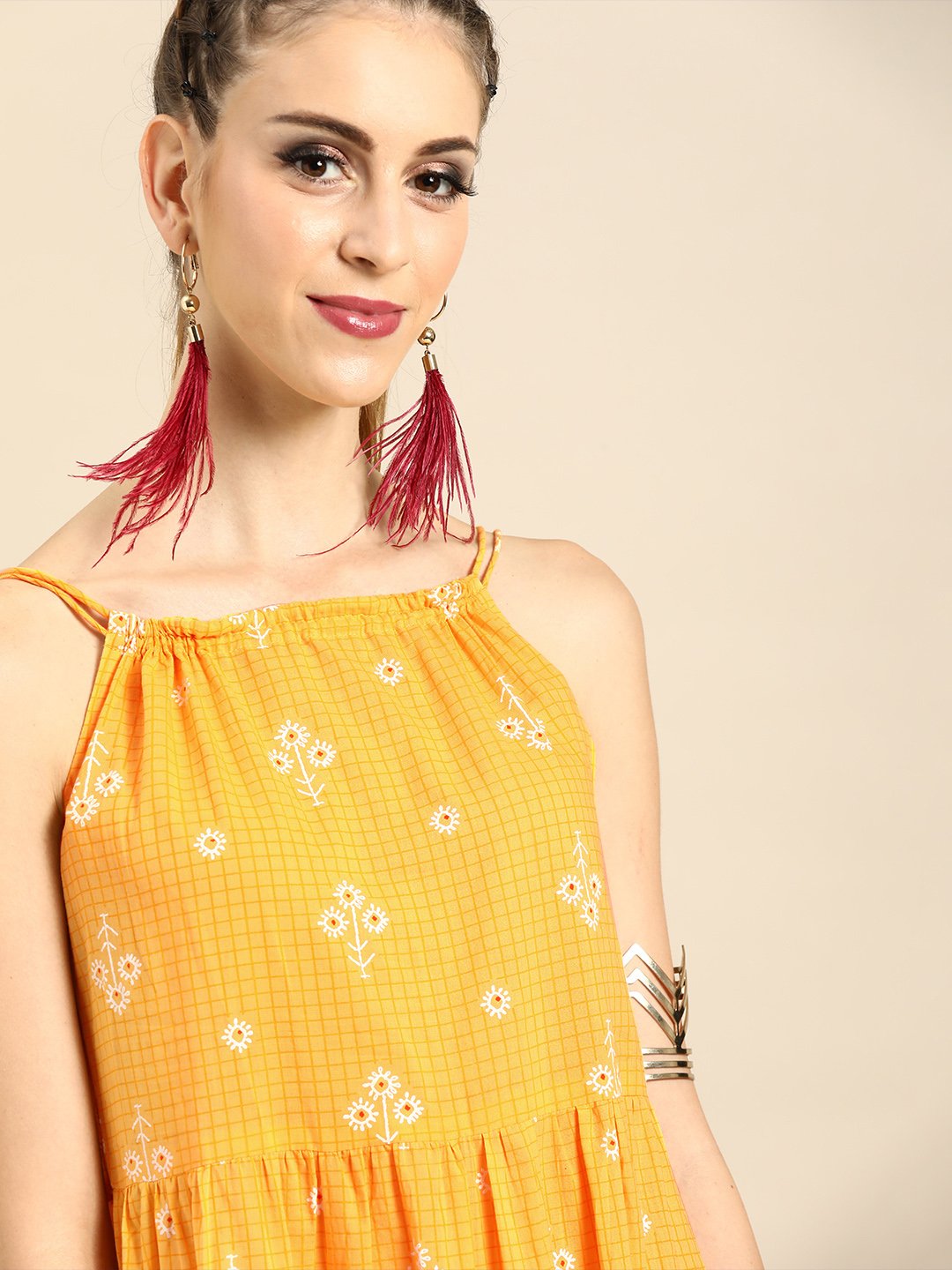 Women's Nayo Yellow Floral Printed Shoulder Straps Fit And Flare Dress