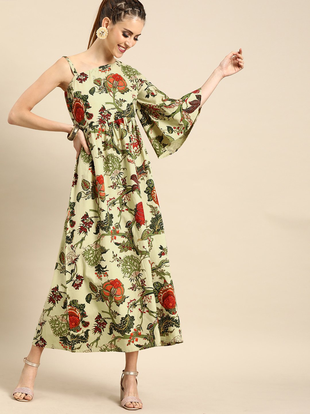 Women's Nayo Beige Floral Printed One Shoulder Fit And Flare Dress